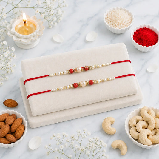 Set of 2 Pearl Rakhi with Premium Dry Fruits | Elegant Raksha Bandhan Gift