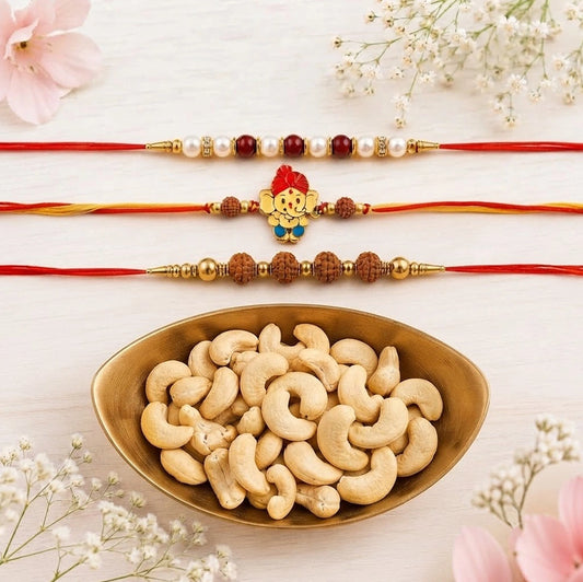 Pearl, Rudraksha & Ganesha Rakhi with Premium Cashews | Festive Family Rakhi Pack