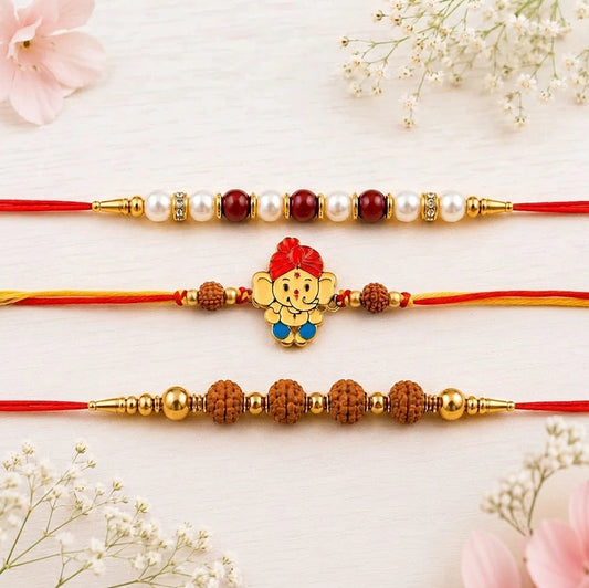 Pearl, Rudraksha & Ganesha Rakhi with Premium Cashews | Festive Family Rakhi Pack