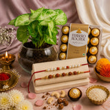 Set Of 2 Rudraksh Rakhi and Pearl with Ferrero Rocher Chocolates and Plant| Premium Raksha Bandhan Gift