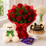 10 Red Roses, Cadbury Chocolate With Cream Cake & Teddy