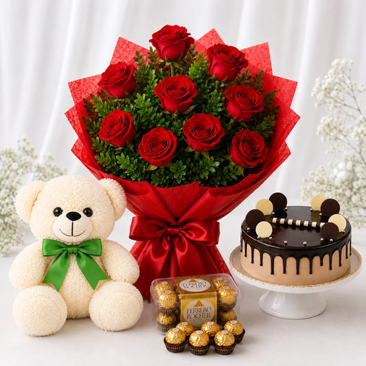 10 Red Roses, Ferrero Rocher With Cream Cake & Teddy
