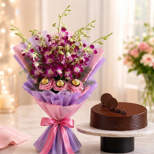 10 Purple Orchids, Eggless Chocolate Truffle Cake & Ferrero Rocher