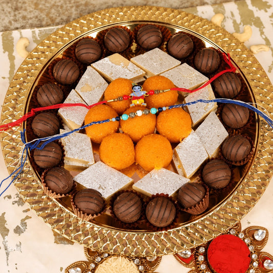Evil Eye and Krishna Rakhi with Sweets and Chocolate Platter Set of 2