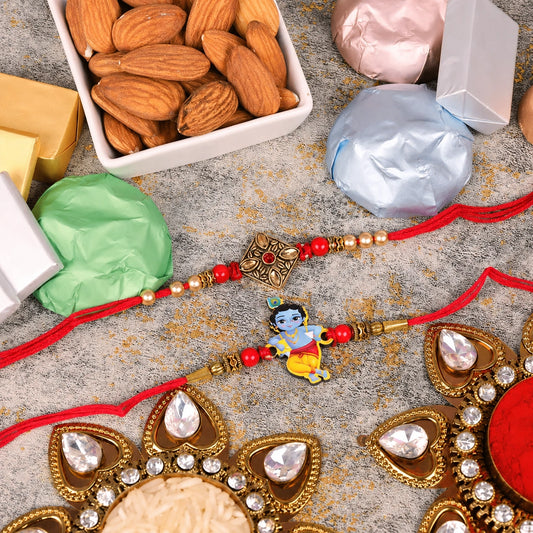 Antique and Krishna Rakhi with Almond and Chocolates Set of 2