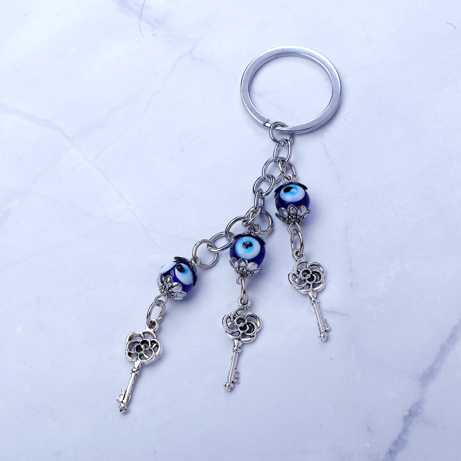 Silver Key Evil Eye Keychain