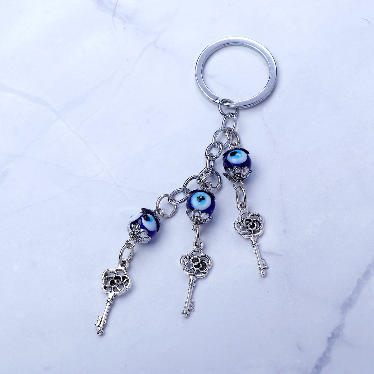 Silver Key Evil Eye Keychain