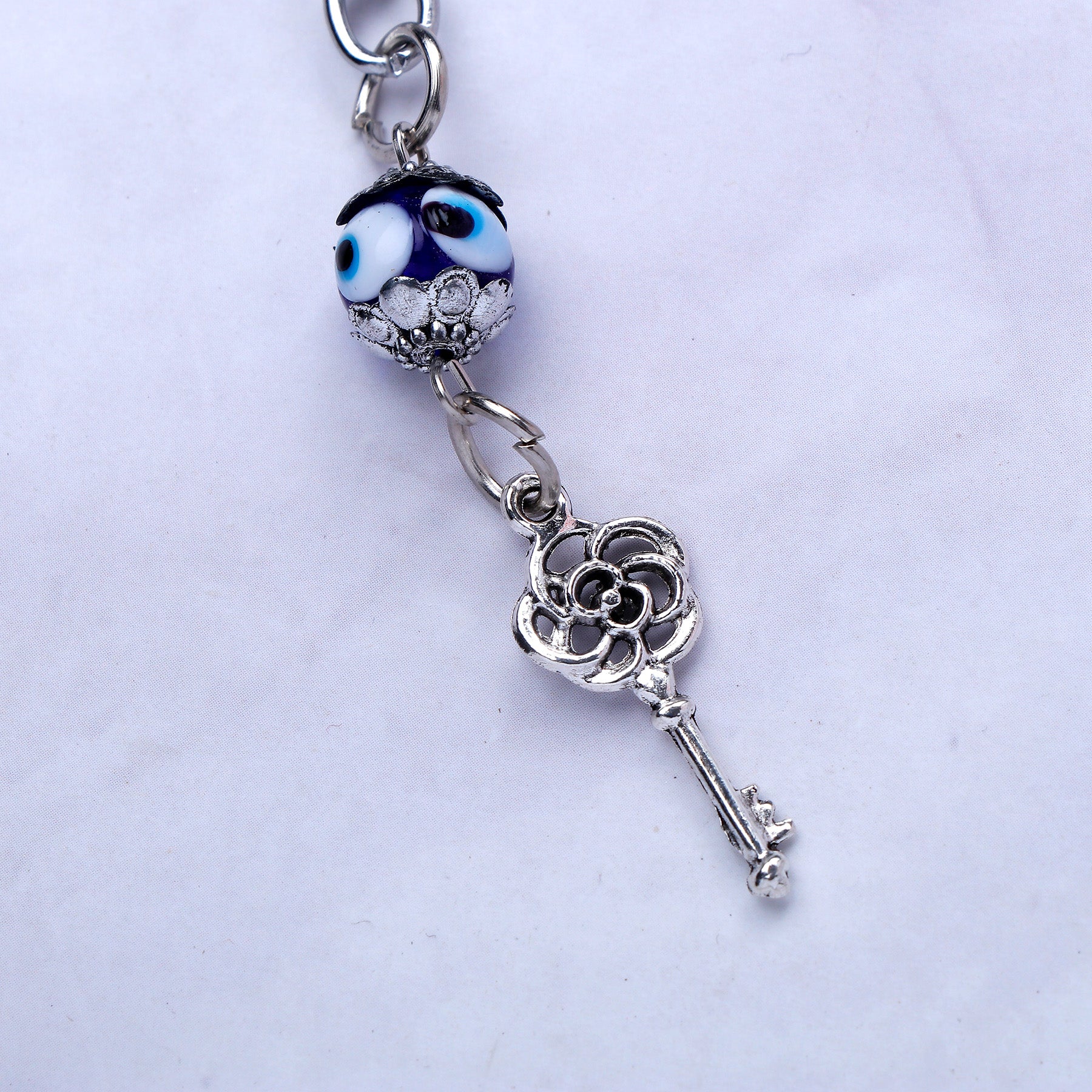 Silver Key Evil Eye Keychain