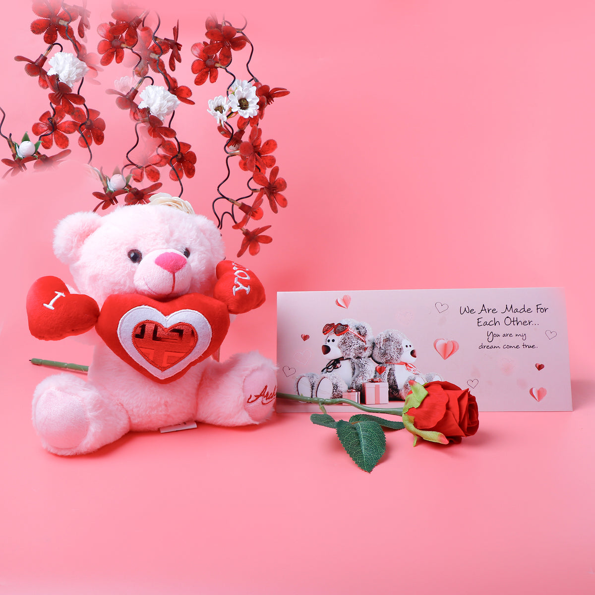 Sweet Love Teddy Bear with Rose and Greeting Card