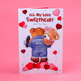 Triple Hearts Teddy Bear with Rose and Greeting Card