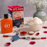 Evil Eye Rakhi with 01 Musk Perfume, Rasgulla and Evil Eye Keychain