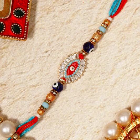 Evil Eye Rakhi with 01 Musk Perfume, Rasgulla and Evil Eye Keychain