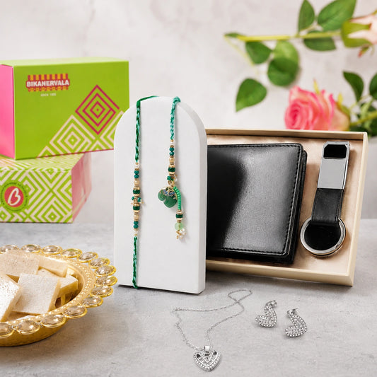 Bhaiya Bhabhi Rakhi with Kaju Katli, Wallet Set, Necklace and Earrings