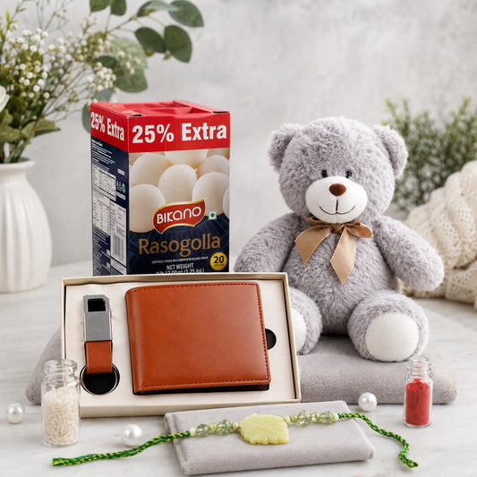 Rakhi with Rasgulla, Wallet Set and Teddy Bear