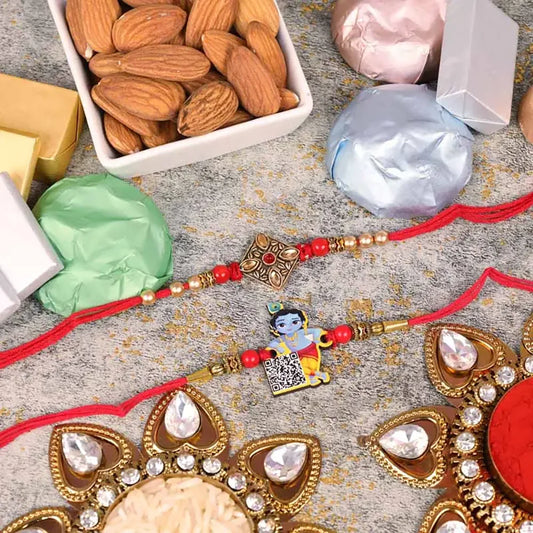 Antique and Krishna Rakhi with Almond and Chocolates Set of 2