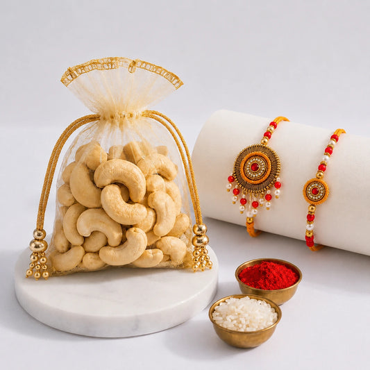 Ethnic Pearl Bhaiya Bhabhi Rakhi with Premium Cashews | Rakhi Gift Set