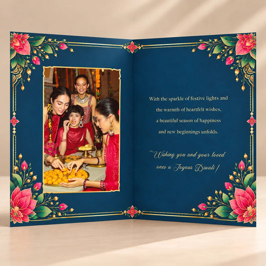 Personalized Diwali Greeting Card with Floral Candles on Navy Blue