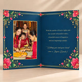 Personalized Diwali Greeting Card with Floral Candles on Navy Blue