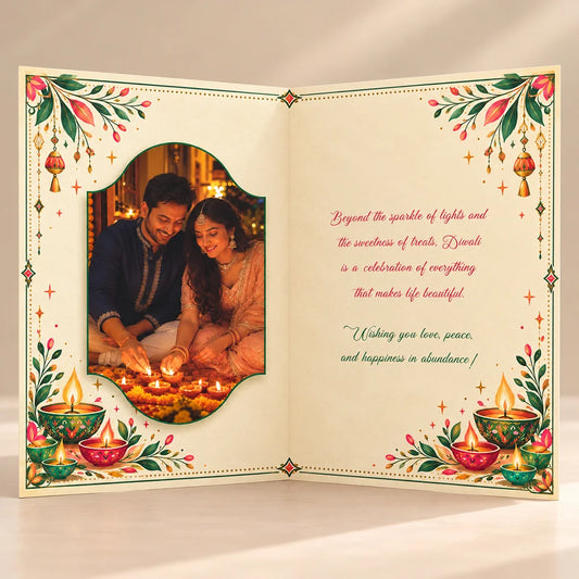 Personalized Diwali Greeting Card with Green Arch, Diyas & Lotus