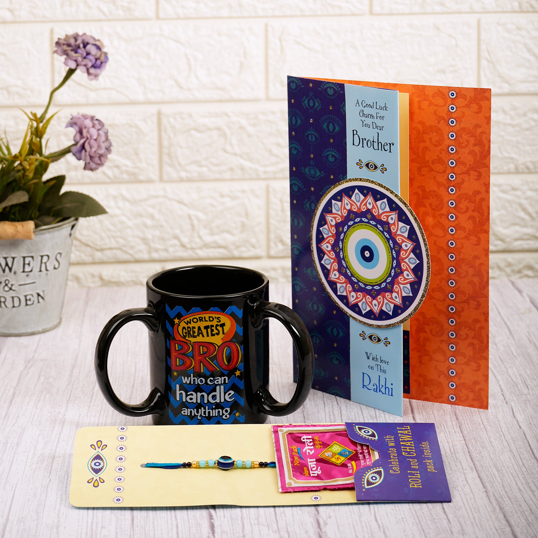 Warm Thoughts Rakhi Greeting Card With Three Handle Mug