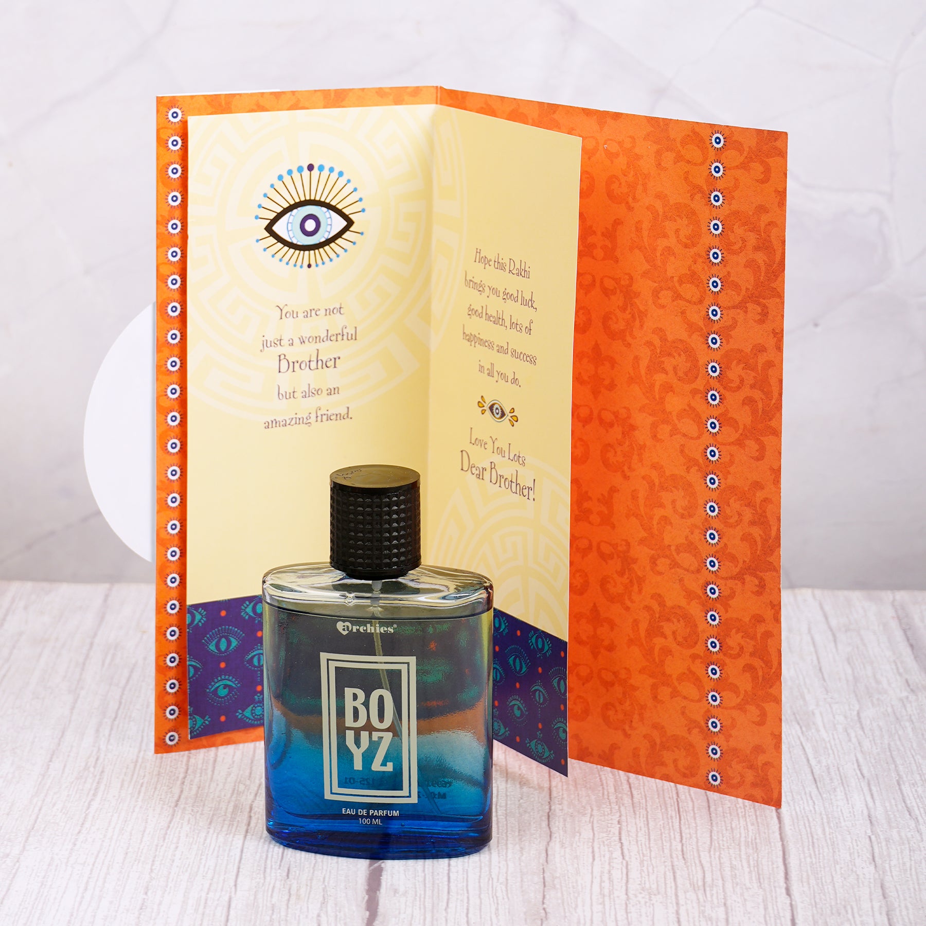 Boys Perfume with Evil Eye Rakhi Greeting Card