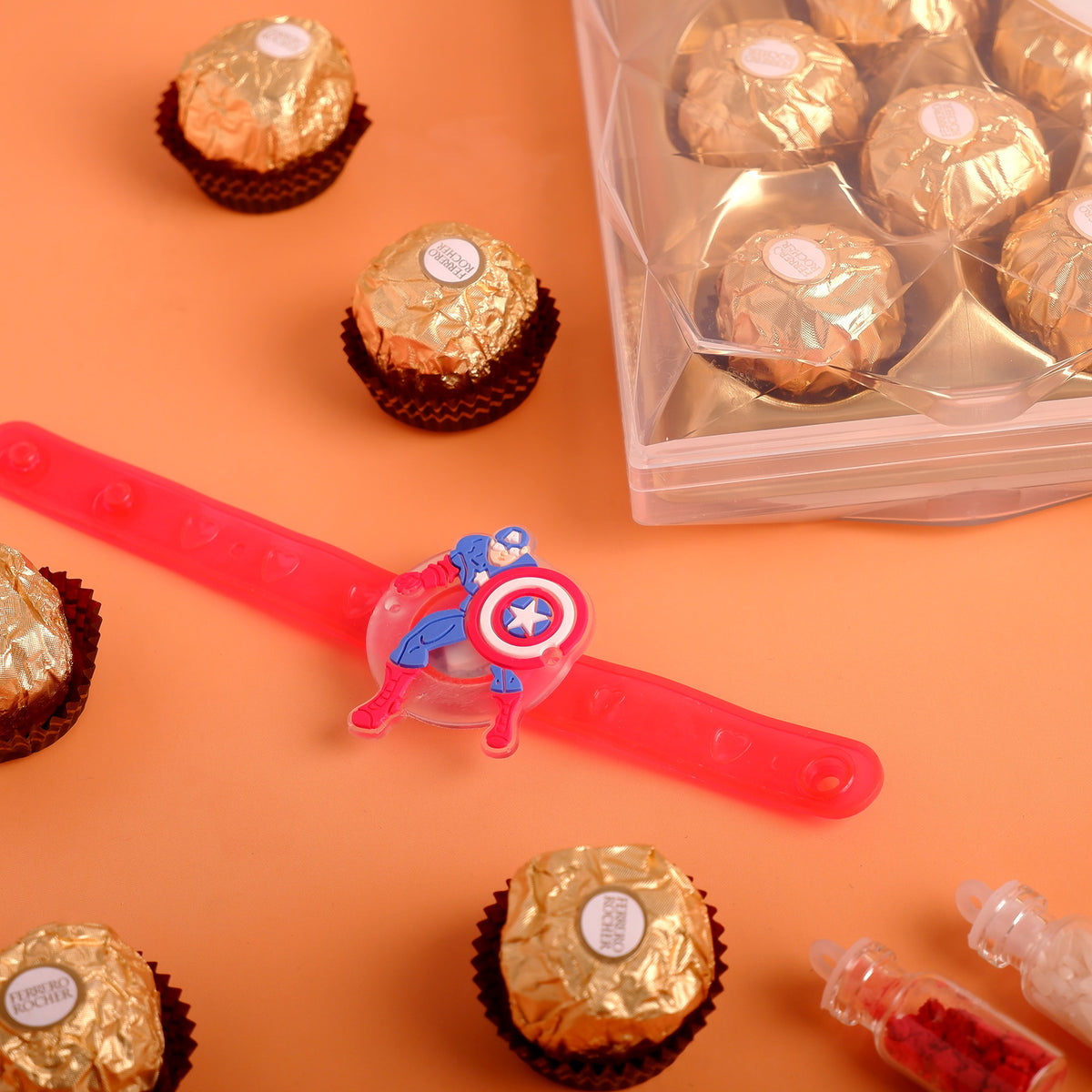 Captain America Red Rakhi with Ferrero Rocher Gift Box