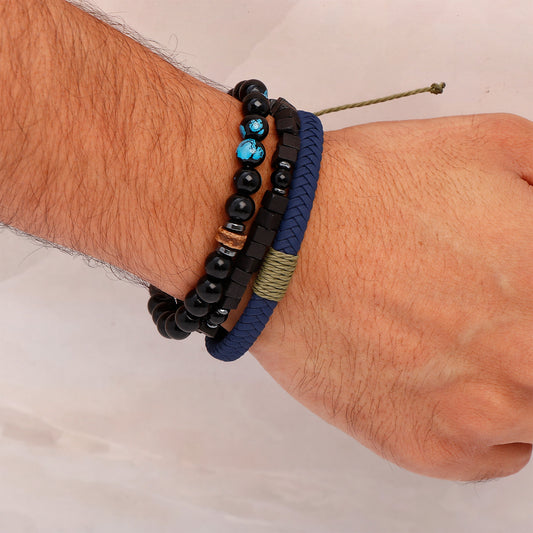 Braided Blue Multilayer Black Beaded Bracelet