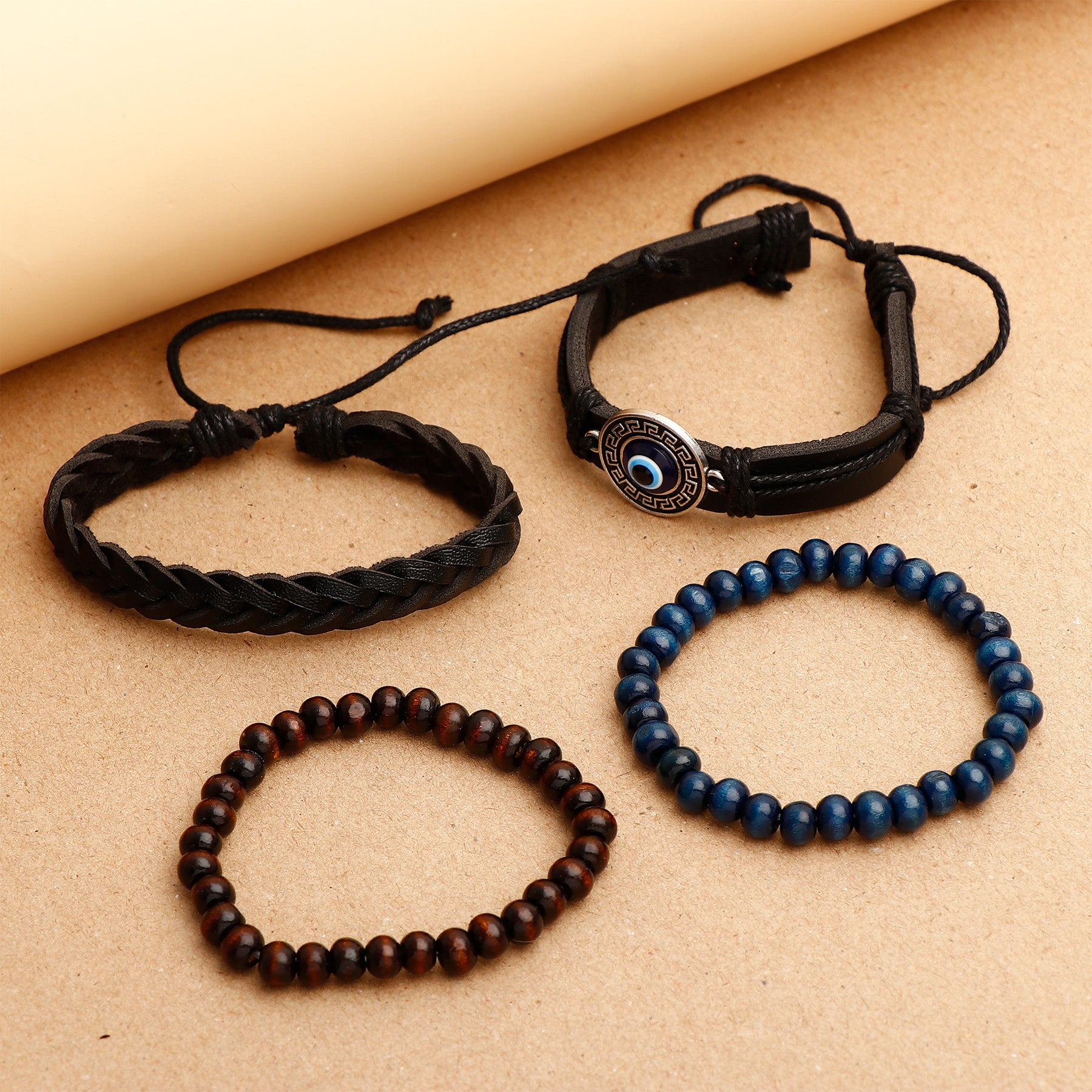 Evil Eye Beaded Multilayer Black Leather Bracelet 