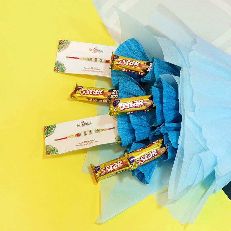 Bouquet of 5 Five Star Chocolate (22 gm) and 2 Designer Rakhi