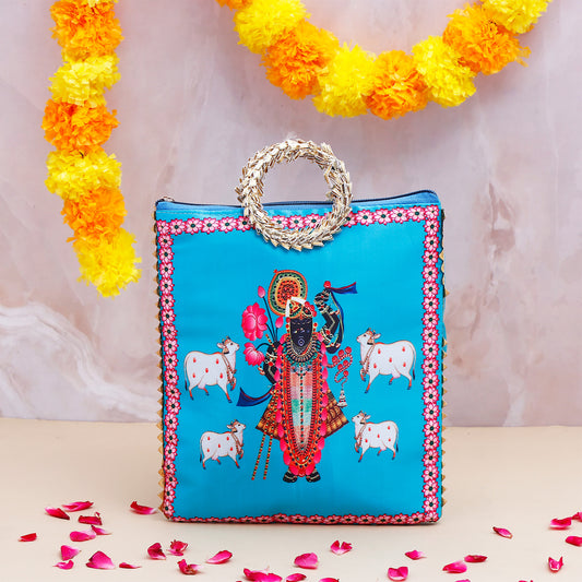 Shree Narayan Ethnic Handcrafted  Zip Up Fabric Bag - Blue