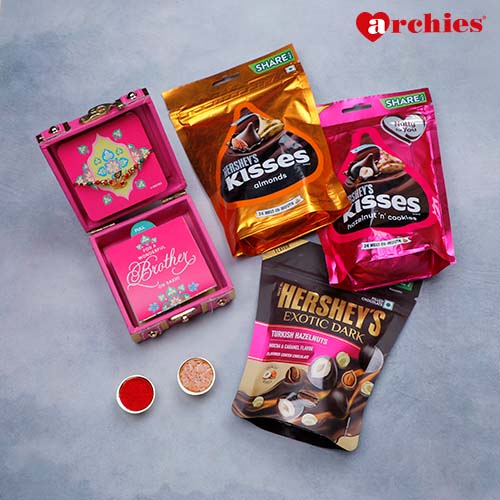 Magenta Rakhi Trunk Box with Hershey's Chocolates