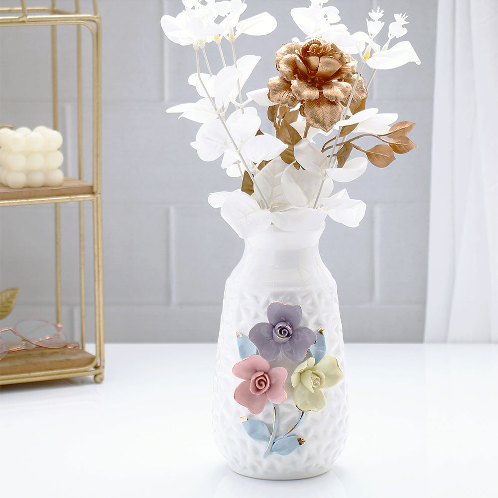 White Ceramic Vase with Embossed Flowers