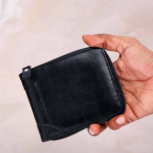 Classic Black Leather Zip-Up Wallet