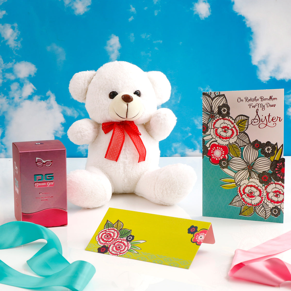 White Teddy Gift Set with Dream Girl Perfume and Greeting Card