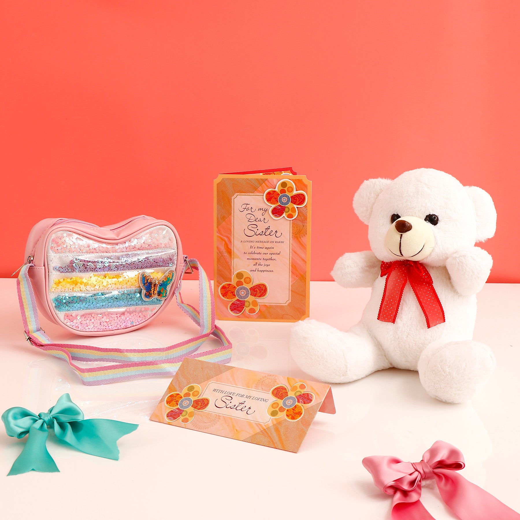 Shimmer Bag with White Teddy and Greeting Card