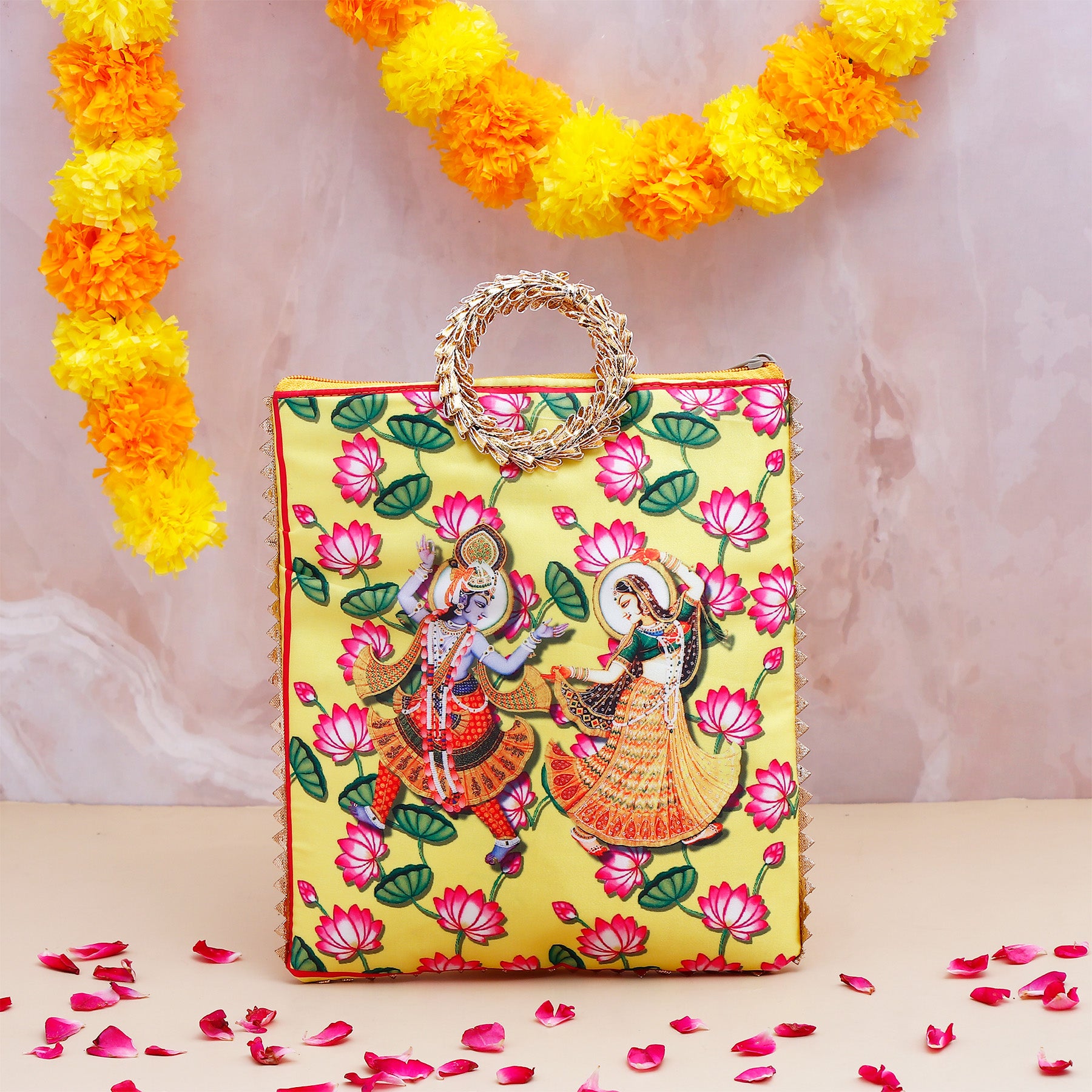 Shree Lakshmi Narayan Ethnic Handcrafted Zip Up Fabric Bag With Besan Ladoo - 250 GM