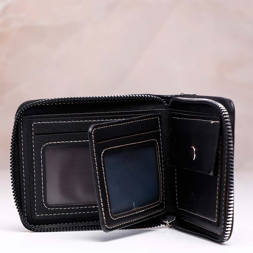 Classic Black Leather Zip-Up Wallet