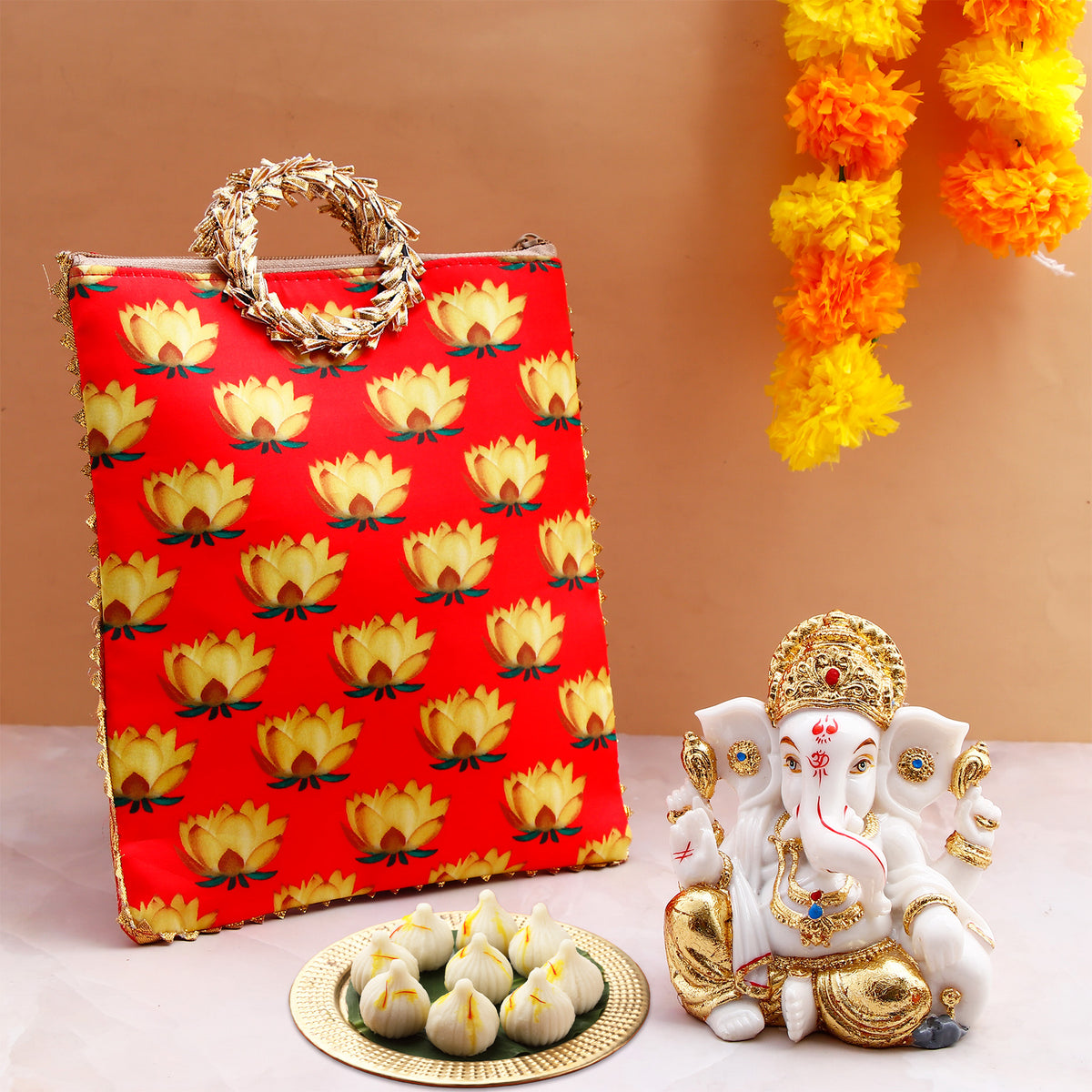 Shree Ganesha Idol with Red Bag and Modak 250 GM