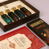 Oud Of Dubai Perfume with Rakhi Greeting Card and Hersheys Coffee Bar