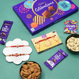 Set of 3 Designer Rakhi with Celebration Pack, Almonds, Cashews, Roli & Chawal