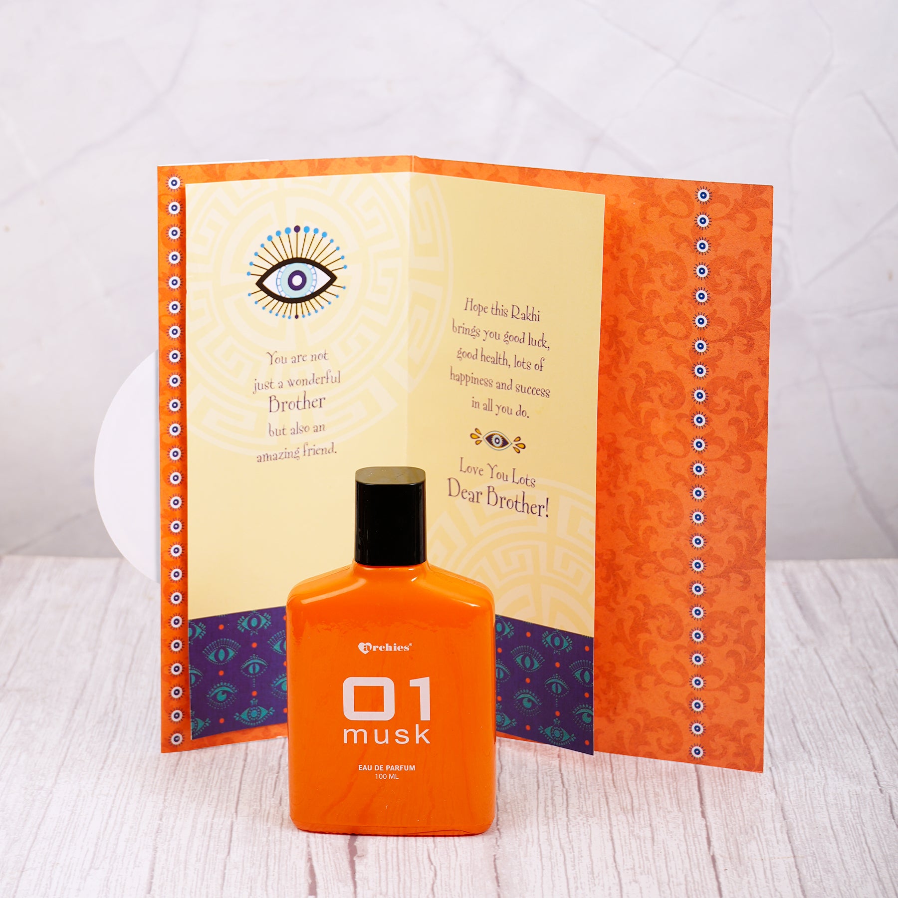 Musk Perfume with Evil Eye Rakhi Greeting Card