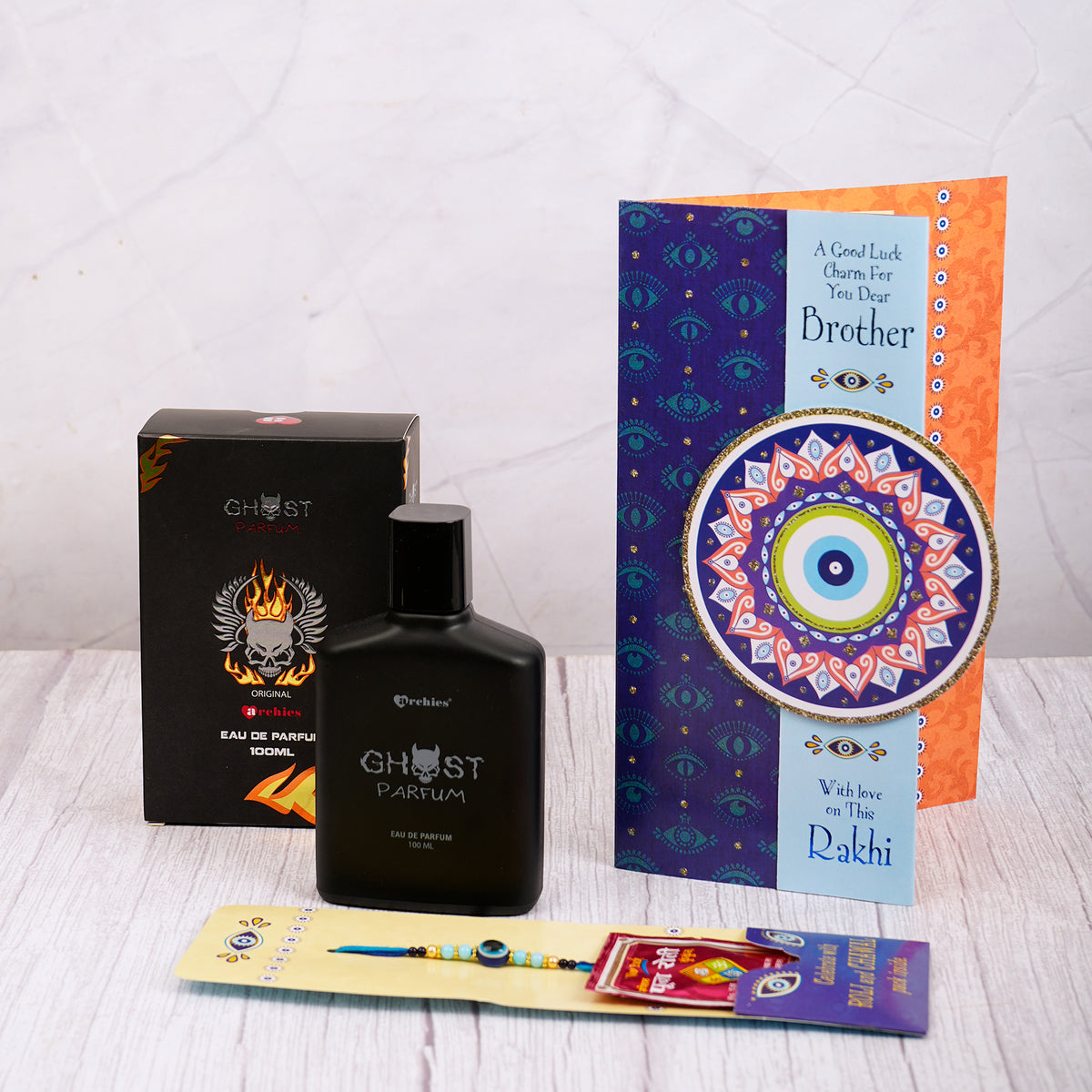 Ghost Perfume with Evil Eye Rakhi Greeting Card