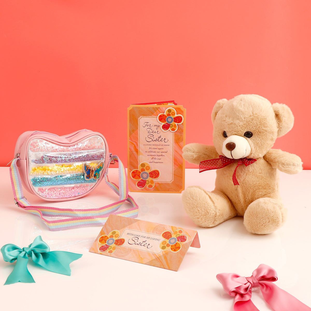 Pink Bow Shimmer Bag with Pink Teddy and Greeting Card