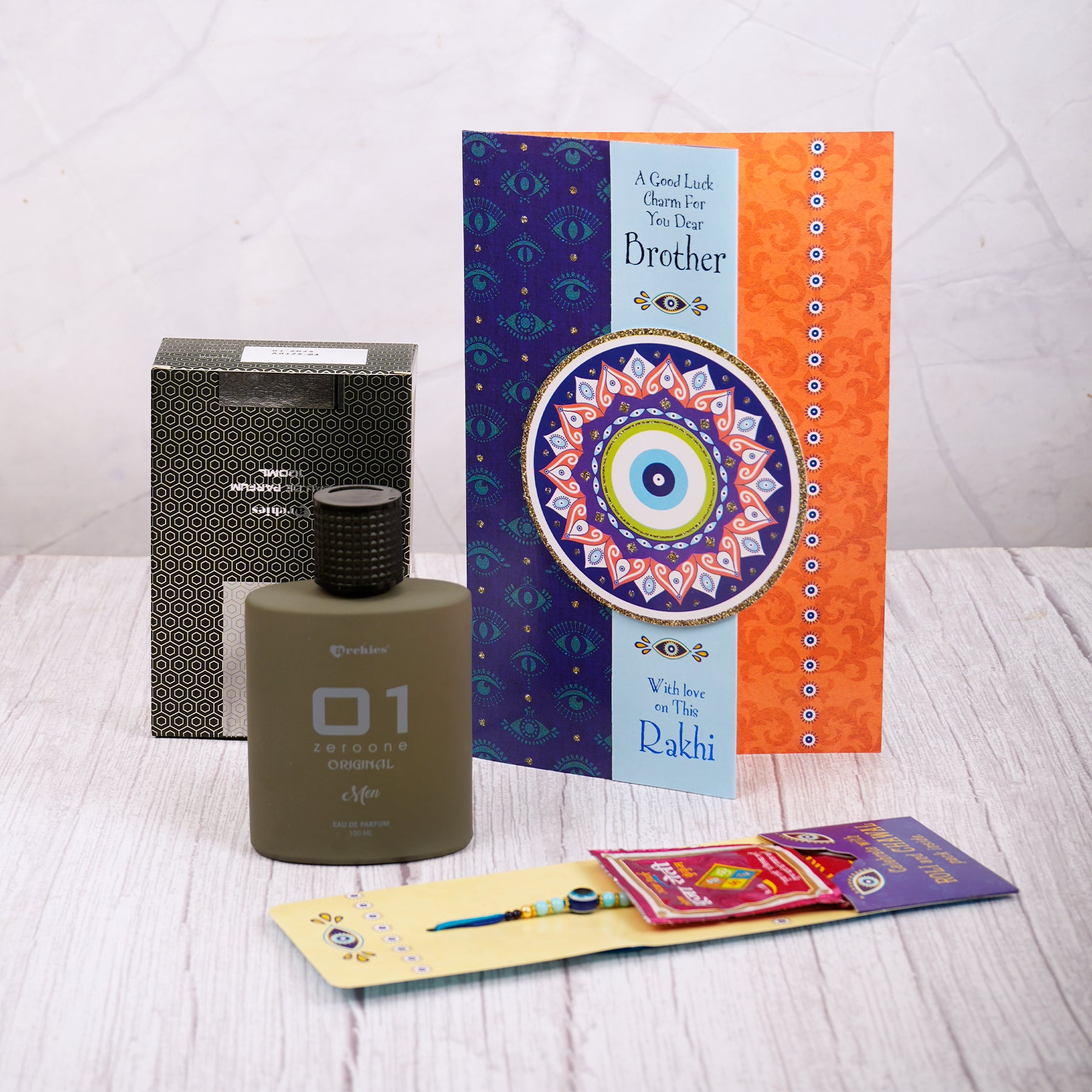 01 Men Perfume with Evil Eye Rakhi Greeting Card