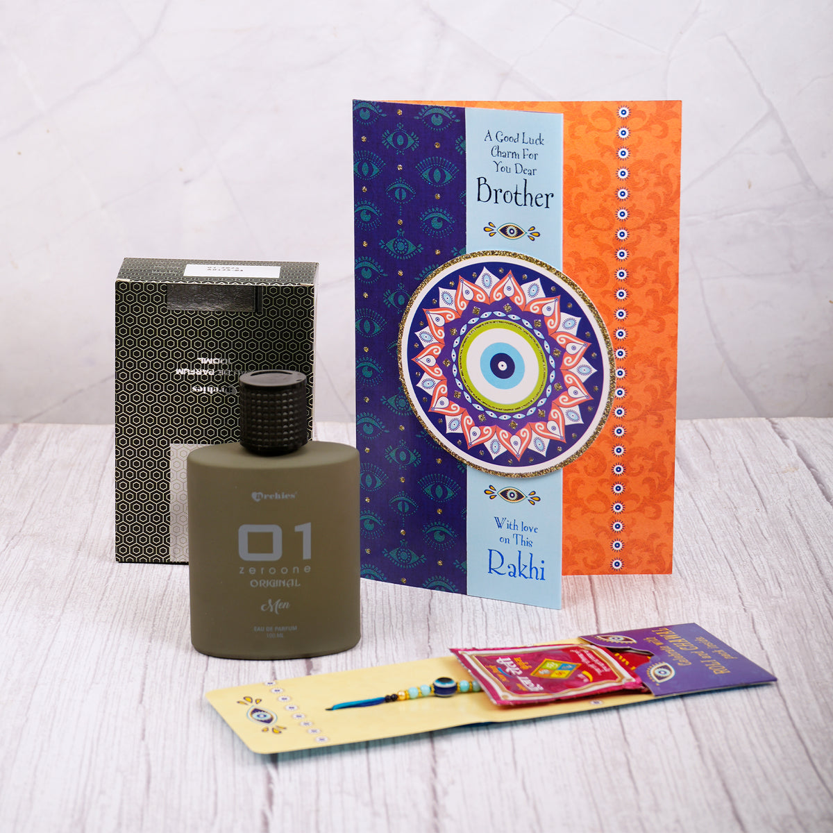 01 Men Perfume with Evil Eye Rakhi Greeting Card