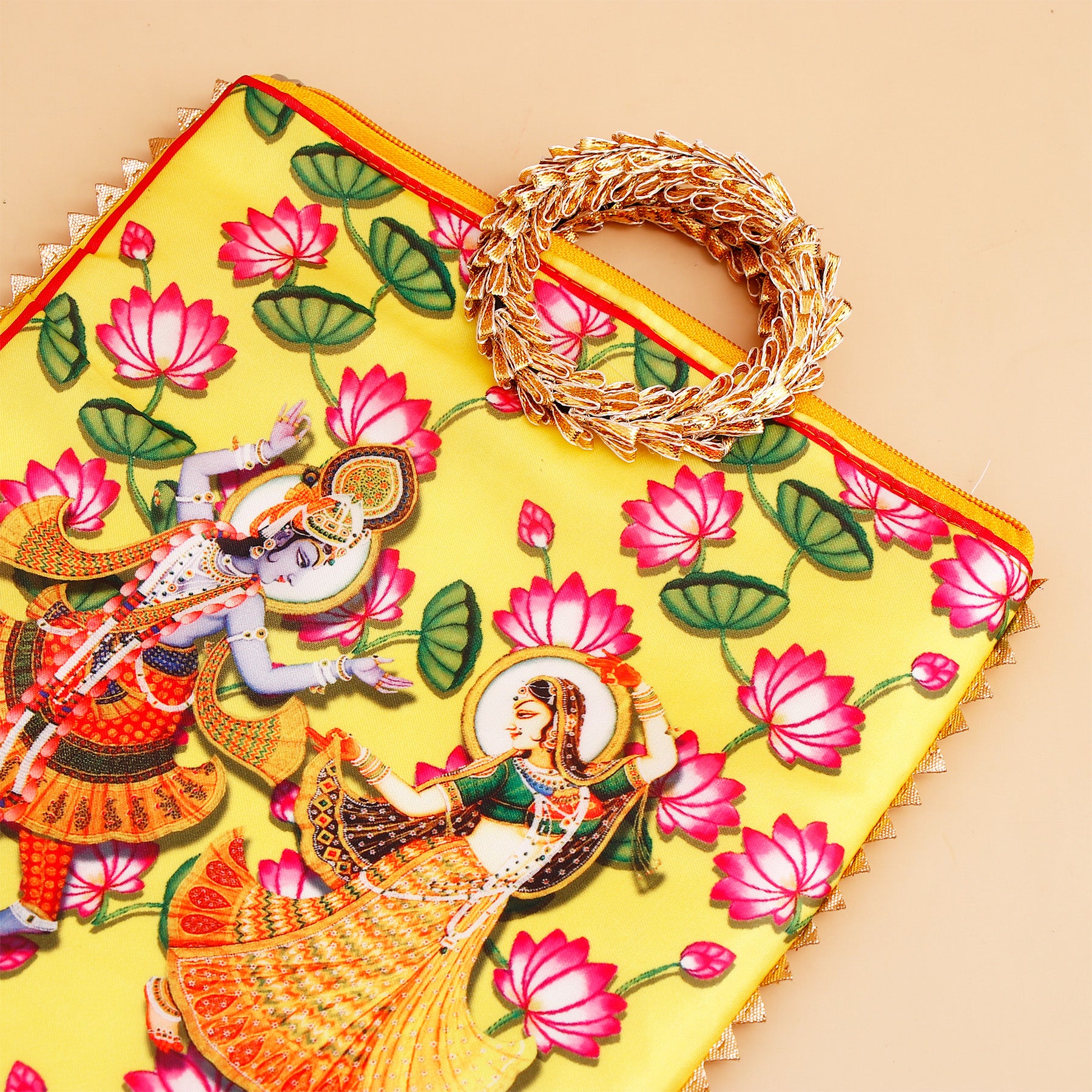 Shree Lakshmi Narayan Ethnic Handcrafted Zip Up Fabric Bag With Besan Ladoo - 250 GM