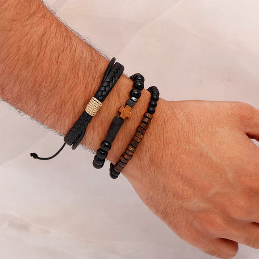 Wood Craft Beaded Multilayer Leather Bracelet