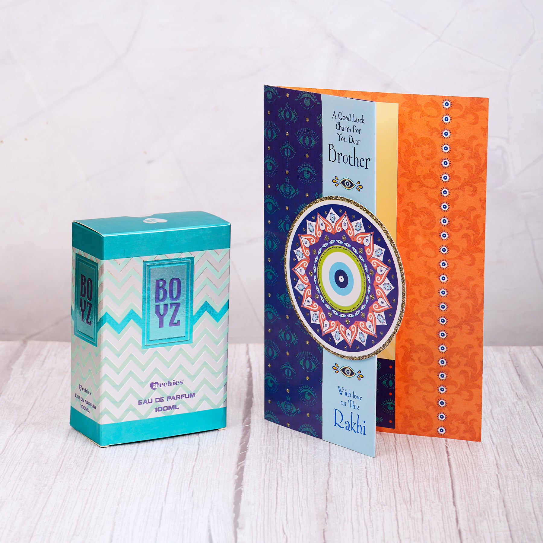 Boys Perfume with Evil Eye Rakhi Greeting Card