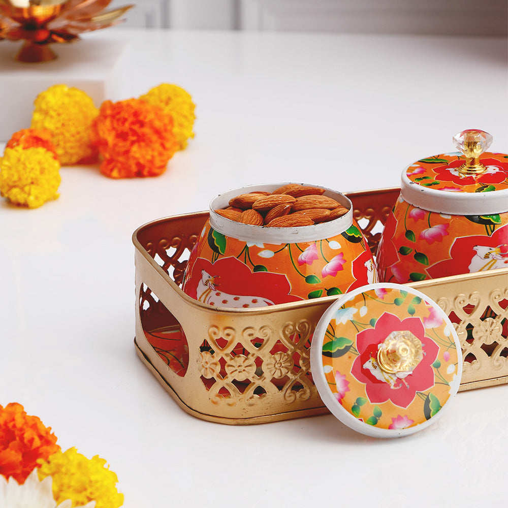 Orange Cow Motifs Jars with Tray Set