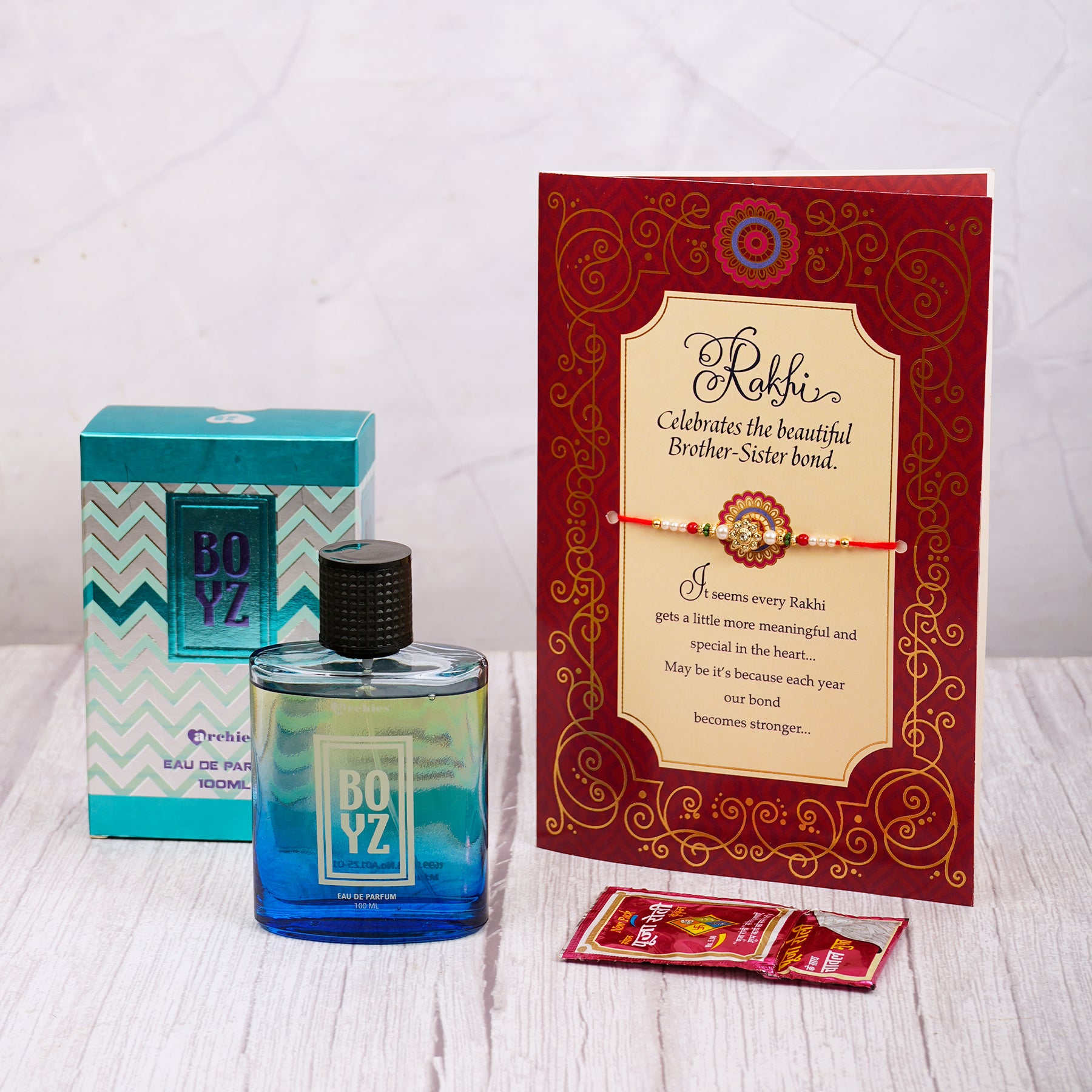 Boys Perfume with Rakhi Greeting Card